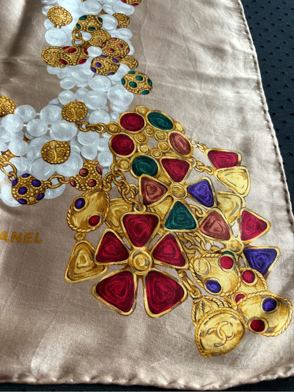 Chanel Vintage Silk Scarf Beige and White Pearl and Jewel Print - Picture 8 of 9